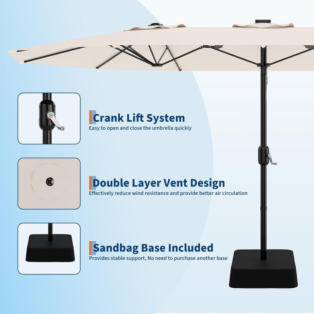 15ft Patio Umbrella with Solar-Powered LED Lights