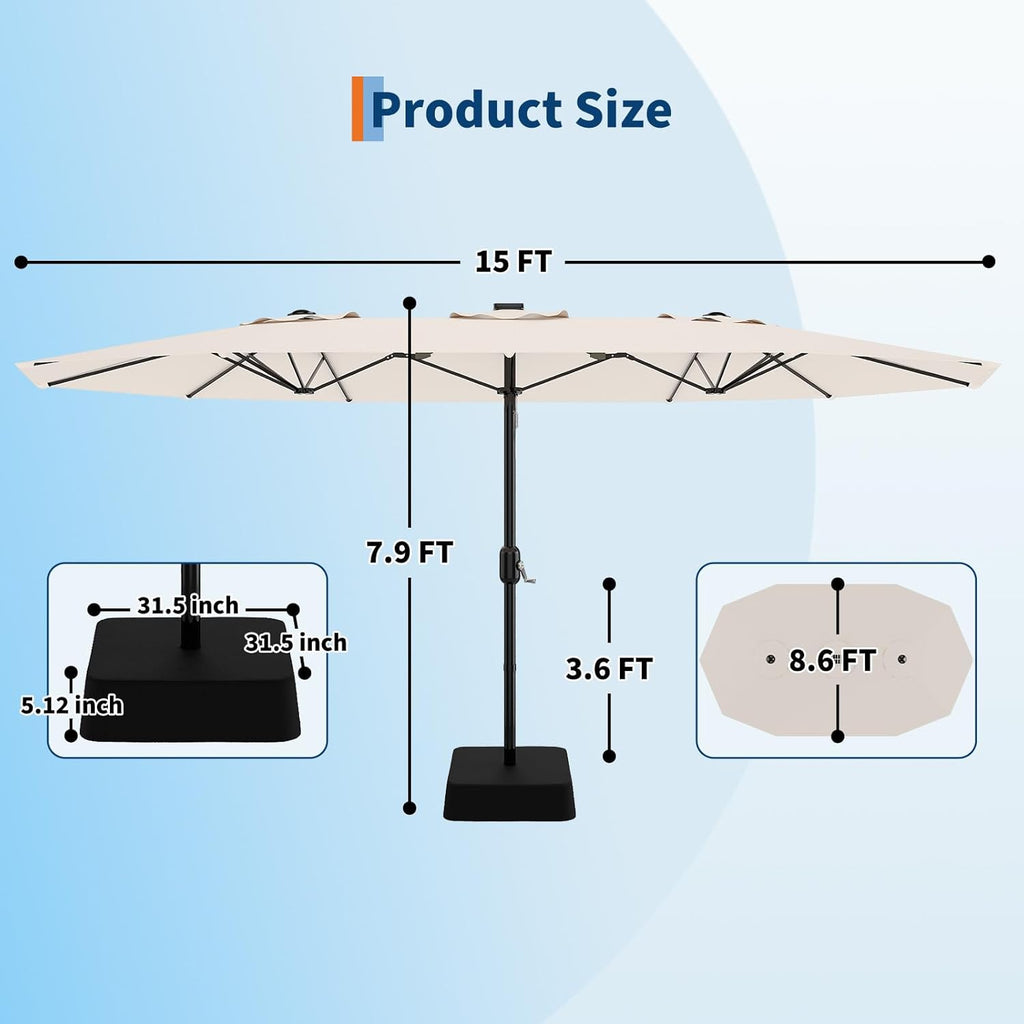 15ft Patio Umbrella with Solar-Powered LED Lights