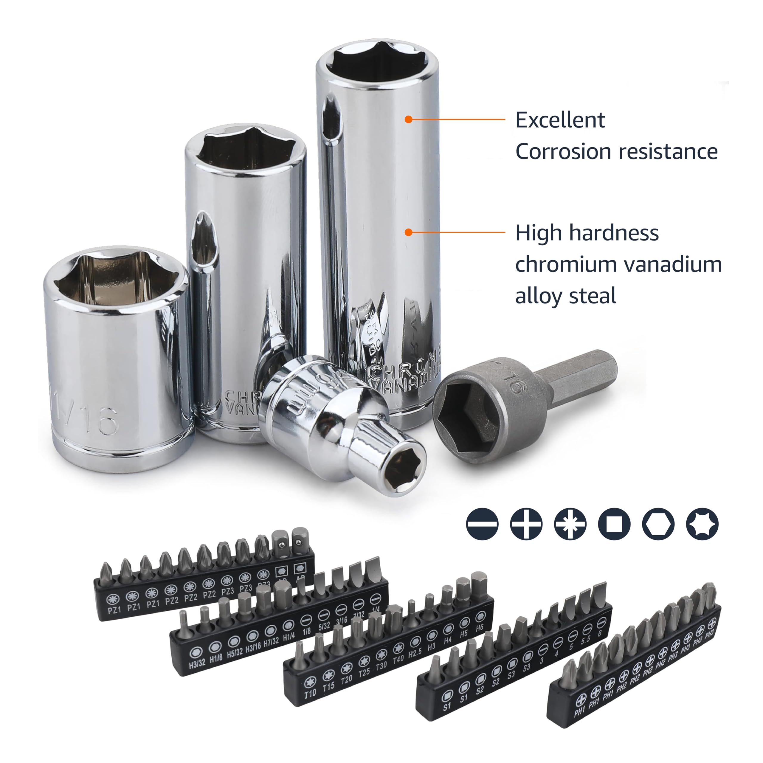 Mechanics Socket Set 201-piece SAE and metric chrome-vanadium steel with carrying case