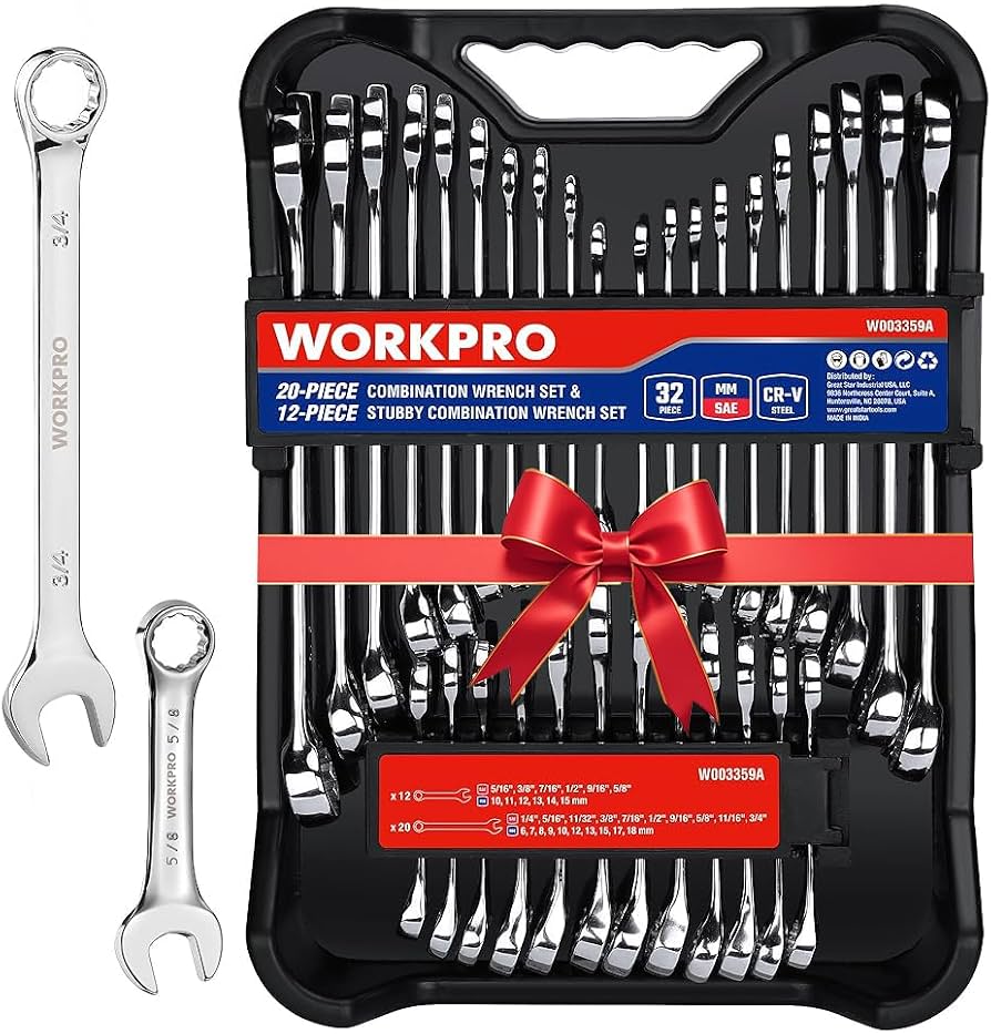 Combination Wrench Set 32-piece SAE and metric with standard and stubby wrenches and organizer tray